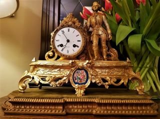 Antique French Ormolu & Porcelain Panel Mantel Clock.