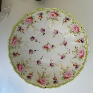Vtg Large Hand Painted,  Scalloped Porcelain Bowl With Pink Flowers And Gold Trim