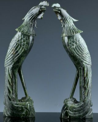 Large Pair Antique Chinese Carved Spinach Jade Phoenix Bird Figures