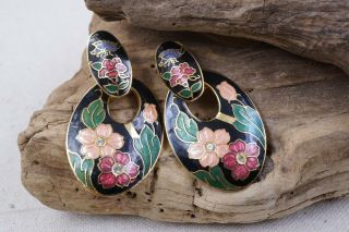 Vintage Chinese Enamel Cloisonne Flower Rhinestone Button Dangle Post Earrings
