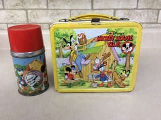 Vintage 1963 Mickey Mouse Club (yellow Rim) & Glass Lined Thermos By Aladdin
