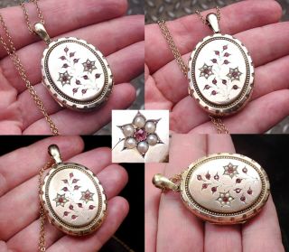 Antique Victorian 9 K Gold Forget Me Not Garnet & Pearls Photo Locket Pendant