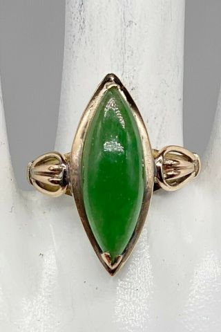 Antique 1940s $2400 7ct Natural Green Jade 14k Yellow Gold Filigree Marquis Ring
