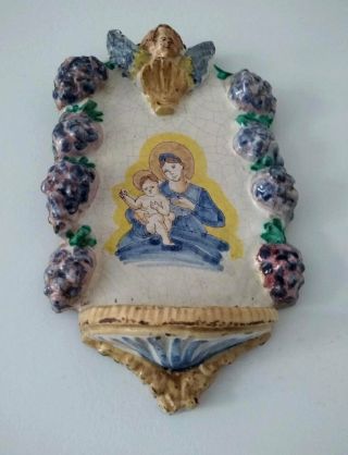 Antique Italian Majolica Holy Water Font Stoup Madonna Mary & Child Hand Painted