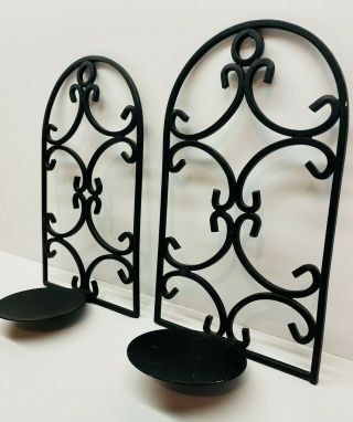 Vintage Pair Black Metal Wrought Iron Wall Sconces Candle Holders 10 "