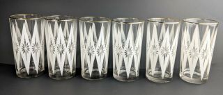 Vintage Set (6) Mid Century Mc Starburst White Diamond Gold Rim Tumblers Glasses