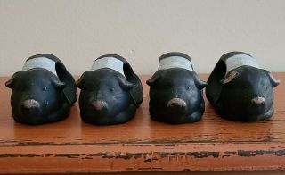 Vintage Set Of 4 Hand Painted Black And White Ceramic " Piggy " Pig Napkin Rings