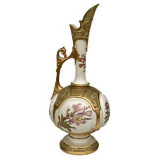 Antique Royal Worcester Porcelain Gilded Gold Ewer Pitcher W/ Griffin Motif