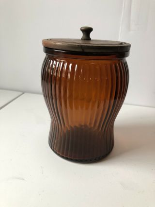 Vintage Brown Ribbed Glass Tobacco Jar With Wooden Lid 5” Tall.