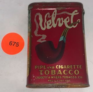 Antique Velvet Pipe Cigarette Tobacco Tin Litho Vertical Pocket Can