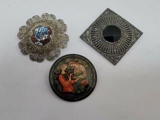 3 Vintage Pins / Brooches - Sterling Silver - Stones - Marcasites - Russian Painted - Nr