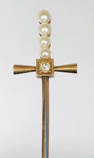 Antique 14k Yellow Gold Pearls And Diamond Sword Stick Pin