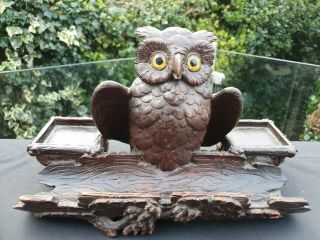 Large Antique Black Forest Carved Wooden Owl Desk Set Pen Tray & Inkwell Spaces