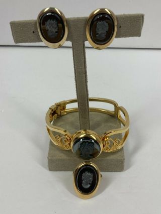 Vintage Sarah Coventry Cameo Set Bracelet Clip Earrings Adjustable Ring