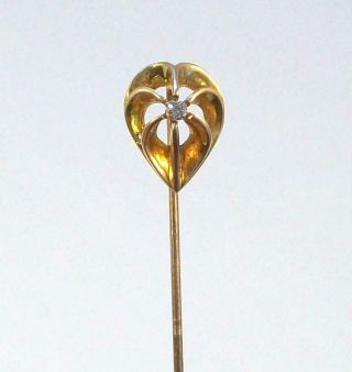 Fine Vintage Estate 10k Yellow Gold & Diamond Stylized Heart Or Flower Stick Pin