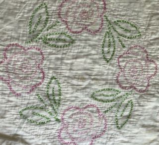 Vintage Cutter Quilt Piece Pink Cross Stitch Roses 31” X 16”