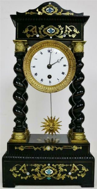 Antique French Empire 8 Day Ebonised Inlaid Boulle & Enamel Portico Mantel Clock