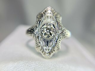Vintage Art Deco 14k White Gold Natural Round Diamond Filigree Shield Ring