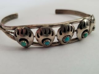 Vintage Sterling Silver Navajo Bear Paws Cuff Bracelet With Turquoises