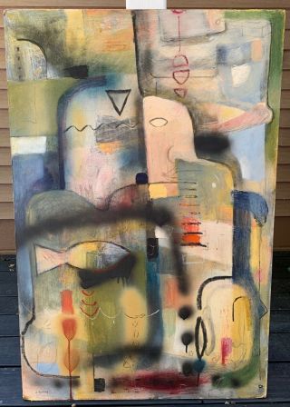Large Vintage Abstract Oil Painting Mid Century Modern Art Wall Hanging Signed