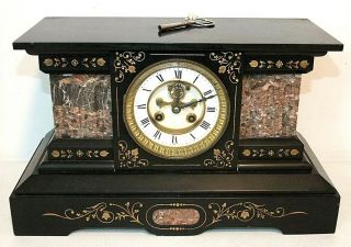 Antique French Black Marble Open Escapement Chiming Mantel Clock W/winding Key