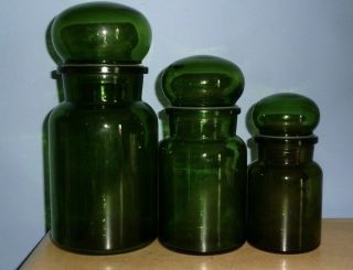 Vintage Belgium Green Glass Apothecary Canister Set Of Three 3 With Bubble Tops