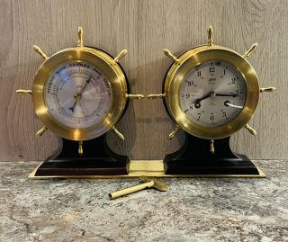 Gorgeous Vintage Desktop “schatz” Mariner Ships Bell Clock And Barometer Set