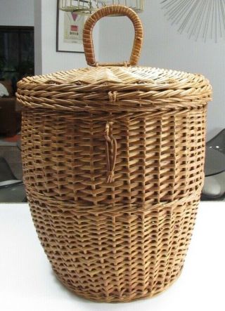 Vtg 1940s Big Tall 14 " Covered Wicker Basket Round Lid Handle Sewing Sweetgrass