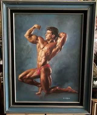 Vintage Oil On Canvas Painting Of A Male Bodybuilder 24x30”