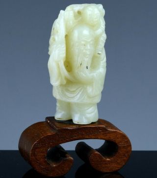 Very Fine Antique Chinese Carved Celadon Jade Immortal With Boy Pendant Figure