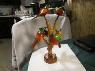 Unique,  Vintage Hand Carved 6 Woodpecker Birds On A Tree Wooden Sculpture