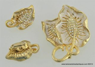 Vintage White Rhinestone Brooch Pin Clip Earrings Set Gold Toned Colored Leaf