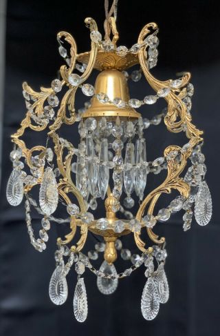 Vintage French Petite Crystal Beaded Birdcage Chandelier Gilt Brass