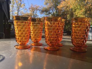 Set Of 6 Vintage Amber Cubist Indiana Whitehall Ice Tea Water Footed Glasses