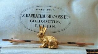 Vintage 9ct Gold Rabbit / Hare Bar Brooch With Ruby Eye & Antique Box Stock Pin