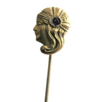 Brass Vintage Antique Art Deco Flapper Lady Stick Pin Amethyst Rhinestone 2 1/2 "