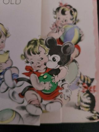 Vtg 1940s Birthday Greeting Card Mickey Mouse Doll Girl Boy Kitten Ball 1 Yr Old