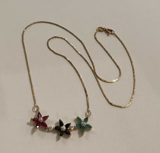 Vintage 14k Yellow Gold Sapphire Emerald Ruby & Diamond Flower Necklace