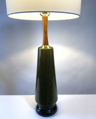 Vintage 60s Mid Century Modern Gloss Green Glaze Ceramic Teak Neck Table Lamp