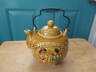 Vintage Ceramic Tea Pot Marked Tea Time With Wire Handle Made In Japan