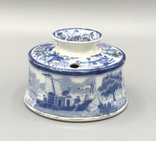 Antique Pearlware Blue Transfer Printed Transferware Chinoiserie Ink Well C1815