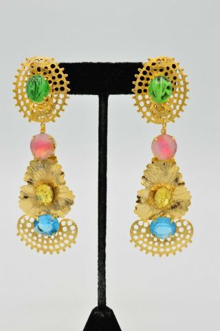 True Vintage Earrings Clip Dangle Cat Eye Rhinestone Crystal Brushed Gold 80s 9c