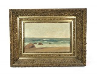 Antique 19th Century Oil Painting On Board Of Maine Coast Beach Ocean Seascape