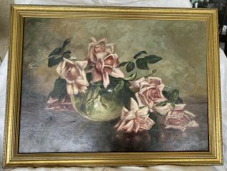 Victorian Antique Pink Rose Roses Floral Still Life Oil Painting Framed 16 X 22