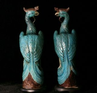 Pair Antique Chinese Turquoise Phoenix Bird Porcelain Statues Carved Wood Bases