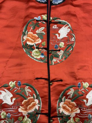 Lovely Vintage / Antique 1900s Chinese Red Silk Embroidery Crane Roundel Robe 2