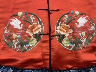 Lovely Vintage / Antique 1900s Chinese Red Silk Embroidery Crane Roundel Robe 3