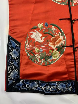 Lovely Vintage / Antique 1900s Chinese Red Silk Embroidery Crane Roundel Robe 4