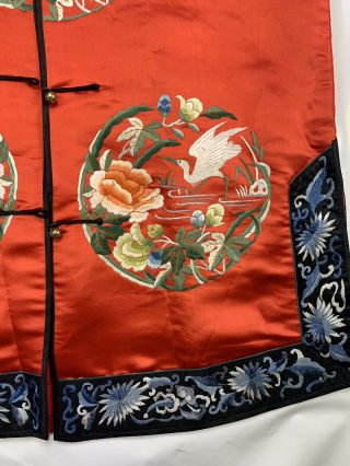 Lovely Vintage / Antique 1900s Chinese Red Silk Embroidery Crane Roundel Robe 5