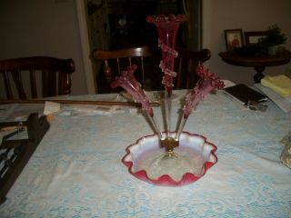 Antique Victorian Cranberry Epergne - - 16 " Tall W/ 3 Trumpets